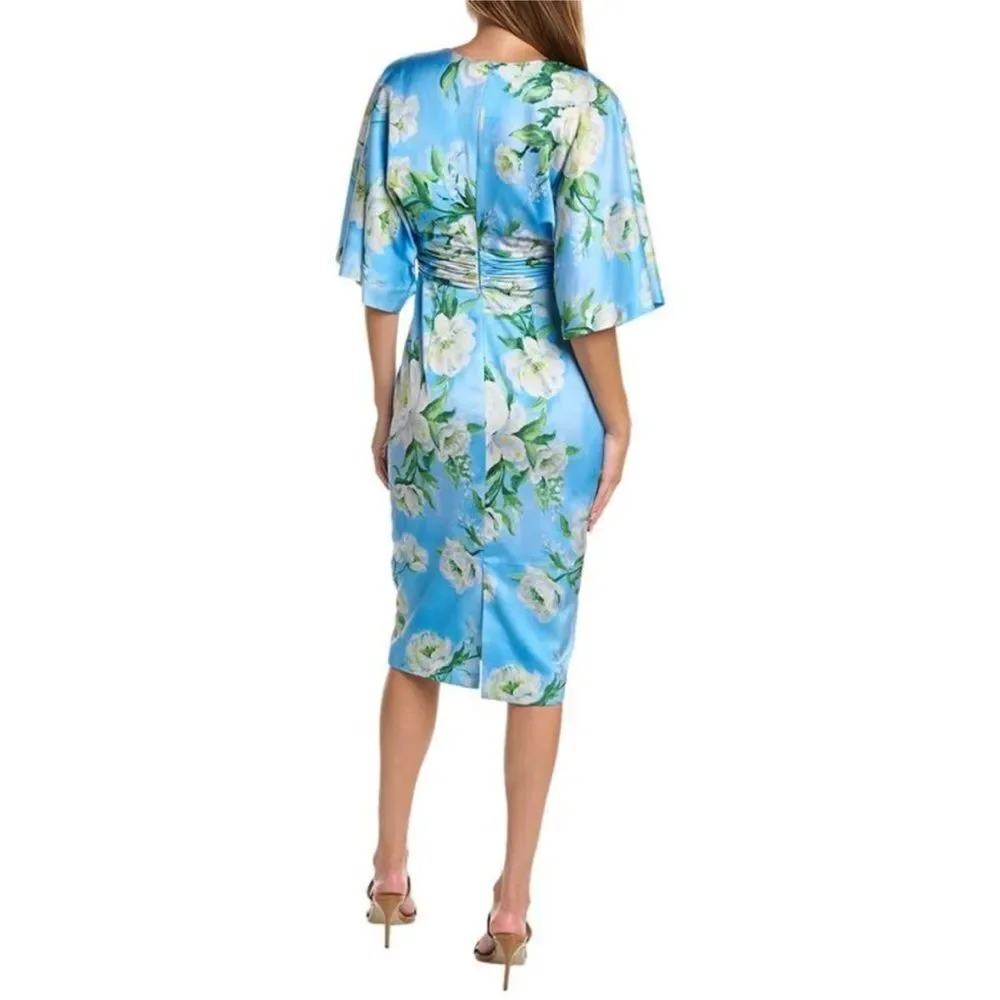 NWT Theia Women's Blue Floral Kimono Sleeve Liana Sheath Dress $645